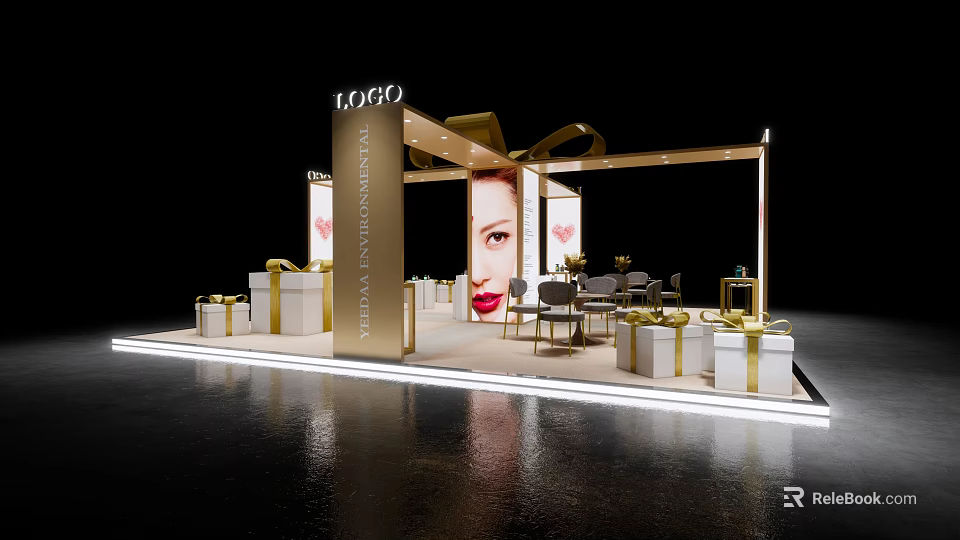 Cosmetic Exhibition Booth With Golden Decoration Gift Boxes And Female Face 3d model 