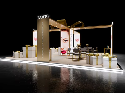 Cosmetic Exhibition Booth With Golden Decoration Gift Boxes And Female Face 3d model