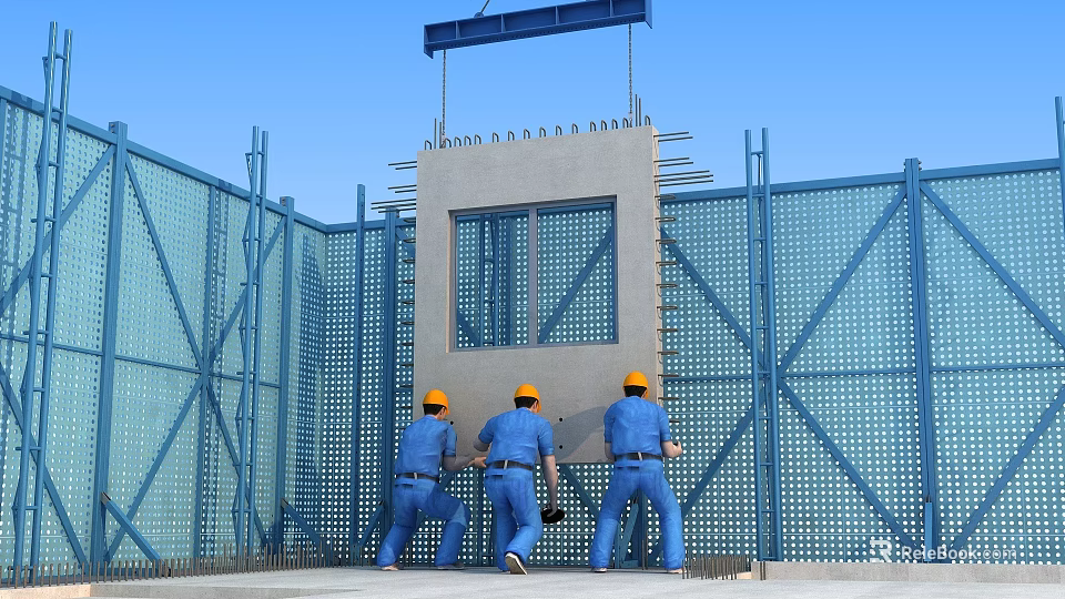Construction Site Workers in Yellow Hard Hats Installing Concrete Panel With Blue Safety Netting 3d model 