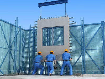 Construction Site Workers in Yellow Hard Hats Installing Concrete Panel With Blue Safety Netting 3d model