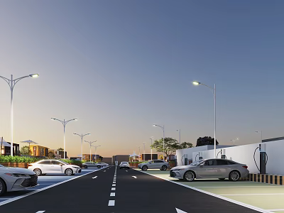 Modern Parking Lot With Electric Vehicles Charging Stations Street Lights And Parked Cars 3d model
