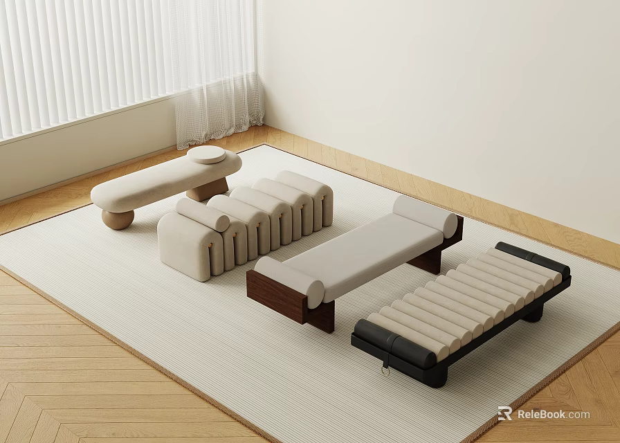 Various Stylish Stools With Upholstered Seats And Wooden Legs In Modern Interior 3d model 