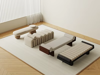 Various Stylish Stools With Upholstered Seats And Wooden Legs In Modern Interior 3d model