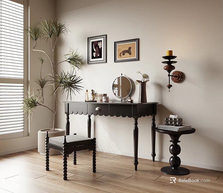 Elegant Black Dressing Table with Mirror Matching Stool and Wall Art Near Potted Plant 3d model 