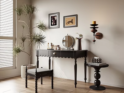 Elegant Black Dressing Table with Mirror Matching Stool and Wall Art Near Potted Plant 3d model