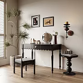 Elegant Black Dressing Table with Mirror Matching Stool and Wall Art Near Potted Plant