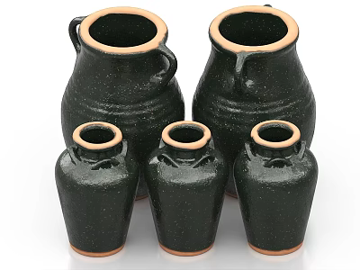 Dark Green Ceramic Vases With Brown Rim And Handles In Various Sizes 3d model