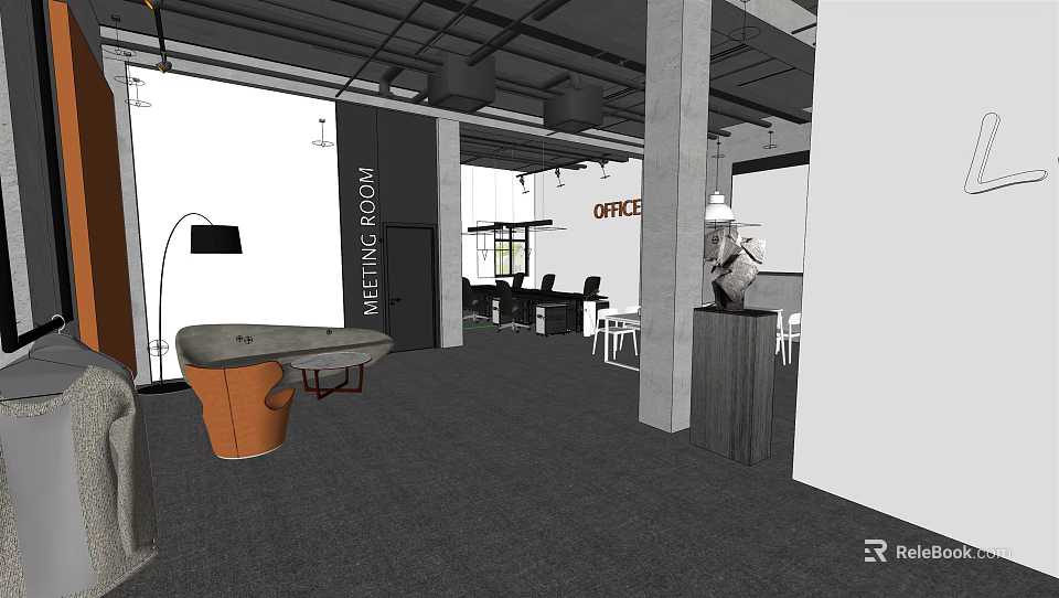 Modern Public Office Space Design With Open Layout Reception Area And Office Workstations 3d model 