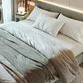 Modern Double Bed with White Pillows and Gray Blanket in Bedroom with City View Window and Round Decor Lamp