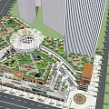 Urban Commercial Complex With Green Rooftop And Circular Atrium Surrounded By Tall Buildings