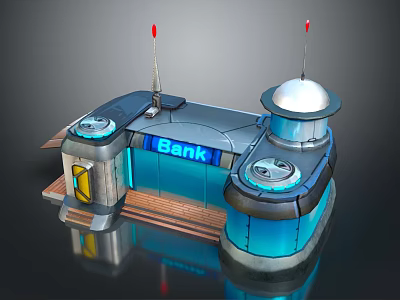 Cartoon Bank Scene With Blue Exterior Dome Antennas Round Devices And Wooden Floor 3d model