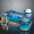 Cartoon Bank Scene With Blue Exterior Dome Antennas Round Devices And Wooden Floor