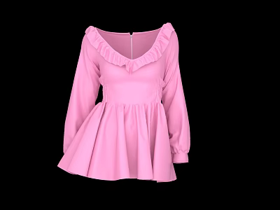 Pink Feminine Clothing With Ruffled Neckline Long Sleeves Fitted Waist And Flared Hem Design 3d model