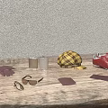 Brown Gloves Sunglasses Red Sneakers Plaid Cap And Accessories On Wooden Table