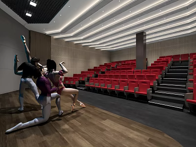 Modern Cinema Interior With Red Seats Dancers And Wooden Floor Stage Design 3d model