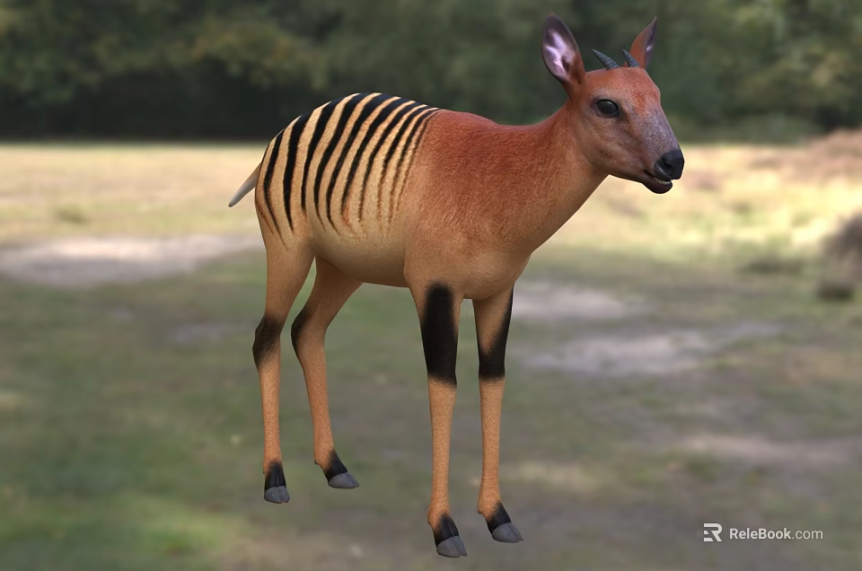 Brown Reptile With Black Stripes Crawling In Grassland Near Trees Background 3d model 