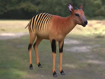 Brown Reptile With Black Stripes Crawling In Grassland Near Trees Background 3d model