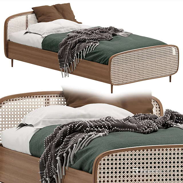 Modern Single Bed Featuring Wooden Frame Rattan Panels Green Sheets And Gray Blanket 3d model 