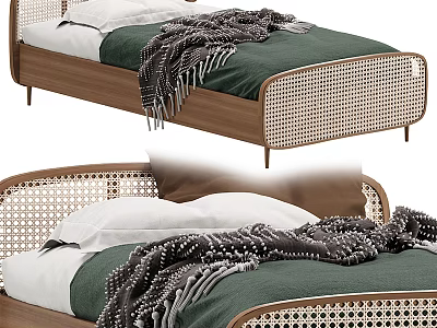 Modern Single Bed Featuring Wooden Frame Rattan Panels Green Sheets And Gray Blanket 3d model