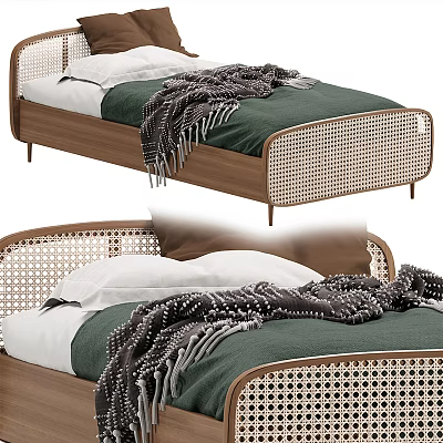 Modern Single Bed Featuring Wooden Frame Rattan Panels Green Sheets And Gray Blanket 3d model