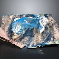 3D Mountainous Terrain Model With Blue Water Body And Snowy Patches