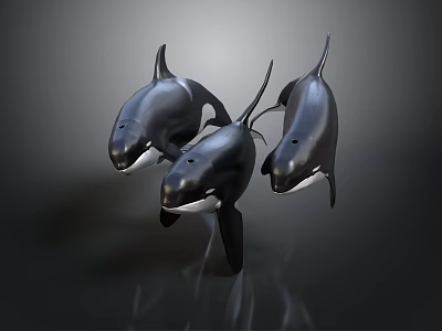 Three Black And White Orcas Swimming In Dark Background With Reflective Surface 3d model