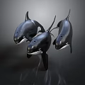 Three Black And White Orcas Swimming In Dark Background With Reflective Surface