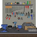 Organized Hardware Tools Collection with Wrenches Screwdrivers Pliers Hammers Drill and Toolboxes on Wall