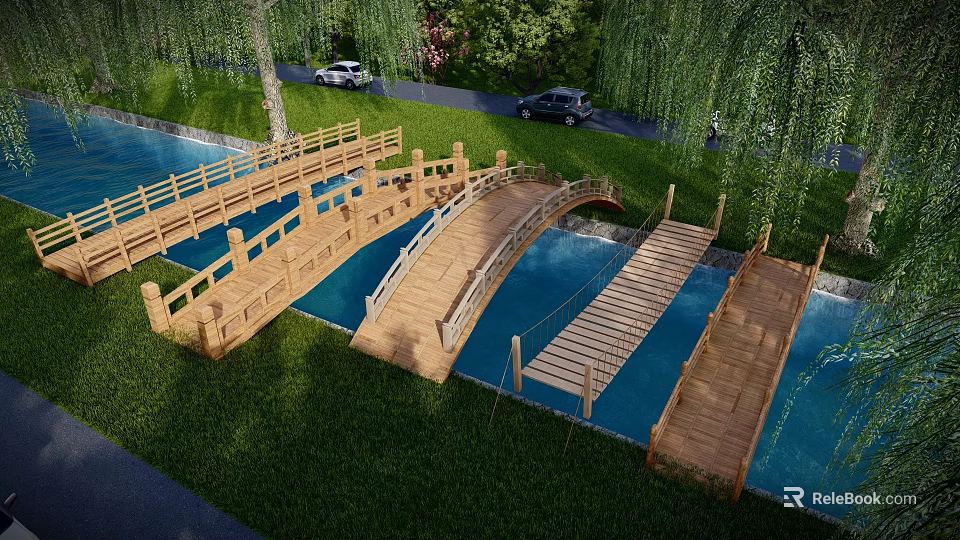 Scenic Wooden Landscape Bridge Over Water With Green Grass And Willow Trees 3d model 