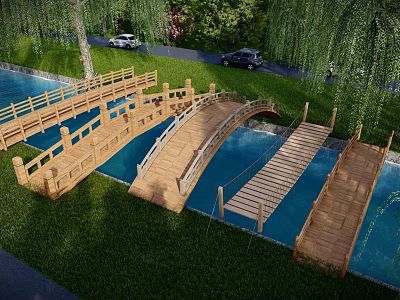 Scenic Wooden Landscape Bridge Over Water With Green Grass And Willow Trees 3d model