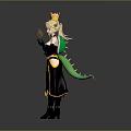 Fantasy Female Character with Golden Crown Black Outfit Green Tail and Flaming Hand