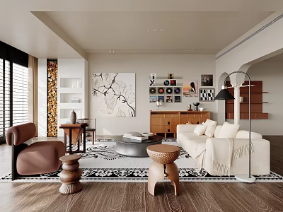 Modern Living Room Interior With White Sofa Brown Armchair Patterned Rug And Wooden Floor 3d model