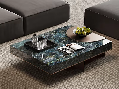 Modern Green Blue Marble Coffee Table With Glass Cups Magazine And Fruit Tray 3d model