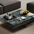 Modern Green Blue Marble Coffee Table With Glass Cups Magazine And Fruit Tray