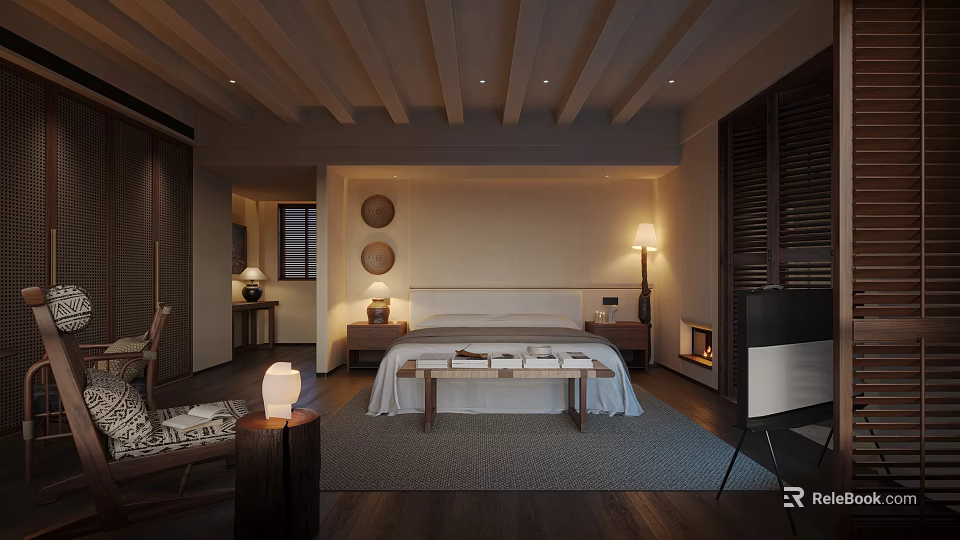 Hotel Room Interior Design With Wooden Ceiling Round Wall Decor Bedside Lamps And Fireplace 3d model 