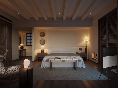 Hotel Room Interior Design With Wooden Ceiling Round Wall Decor Bedside Lamps And Fireplace 3d model