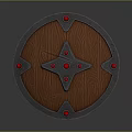 Round Wooden Shield With Metal Frame Red Accents And Star Shaped Center