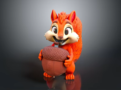 Cute Orange Cartoon Squirrel Figure Holding Big Acorn With Smiling Face 3d model