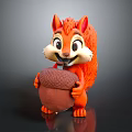 Cute Orange Cartoon Squirrel Figure Holding Big Acorn With Smiling Face