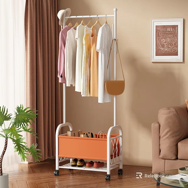 Stylish Clothes Rack With Hanging Clothes Storage Basket And Shoes In Living Room 3d model 