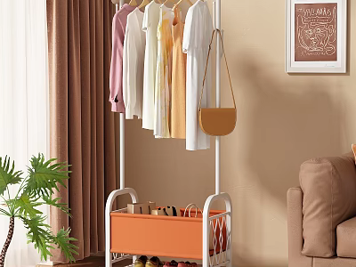 Stylish Clothes Rack With Hanging Clothes Storage Basket And Shoes In Living Room 3d model