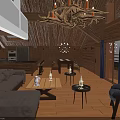 Loft Architecture Interior With Wooden Sloped Ceiling Antler Chandelier Sofa Coffee Tables And Wooden Flooring