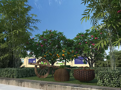 Charming Rural Themed Garden Landscape With Green Bamboo Flowering Trees And Retro Farm Decorations 3d model