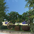 Charming Rural Themed Garden Landscape With Green Bamboo Flowering Trees And Retro Farm Decorations