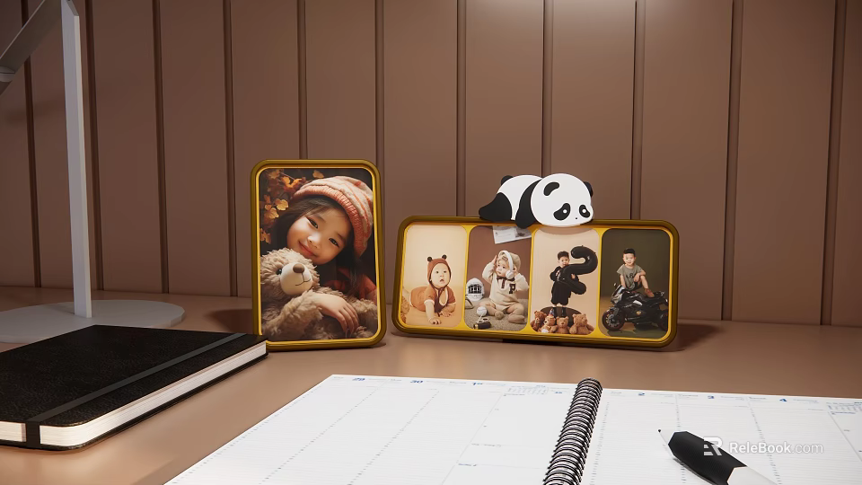 Tabletop Photo Frames With Child Toy Multiple Photos And Panda On Wooden Background 3d model 