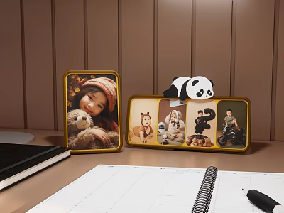 Tabletop Photo Frames With Child Toy Multiple Photos And Panda On Wooden Background 3d model