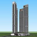 Modern High Rise Buildings With Low Rise Entrance Design And Green Lawn Trees