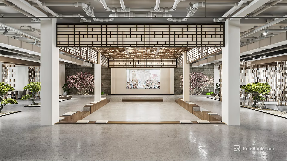 Contemporary Traditional Hotel Lobby With Lattice Ceiling And Decorative Wall Art 3d model 
