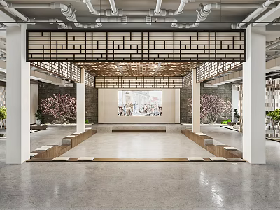 Contemporary Traditional Hotel Lobby With Lattice Ceiling And Decorative Wall Art 3d model