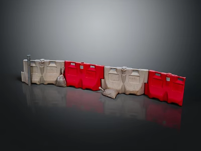 Red And White Traffic Barriers On Reflective Pavement Arrangement For Road Safety 3d model